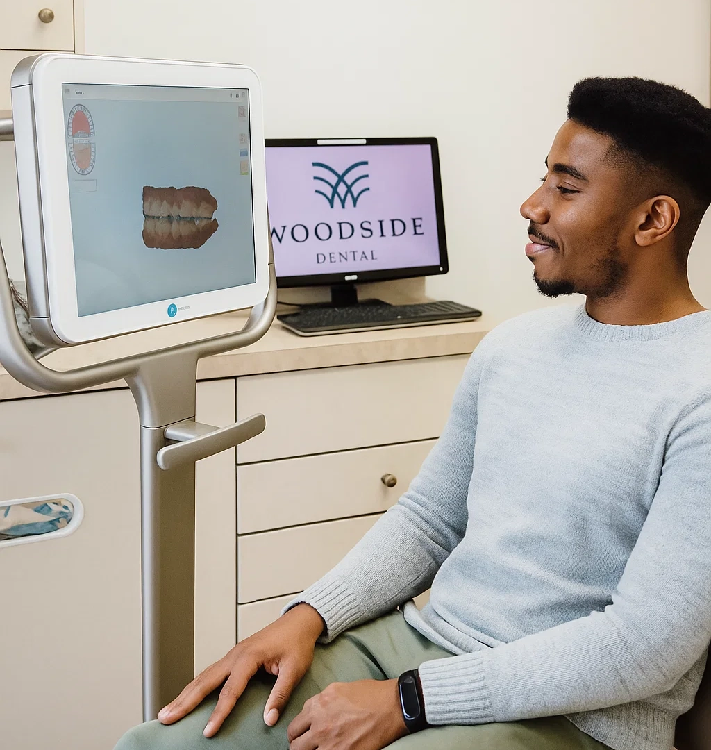 Photo of Columbia Maryland dentist Dr. Shah showing a 3-D dental scan to a patient